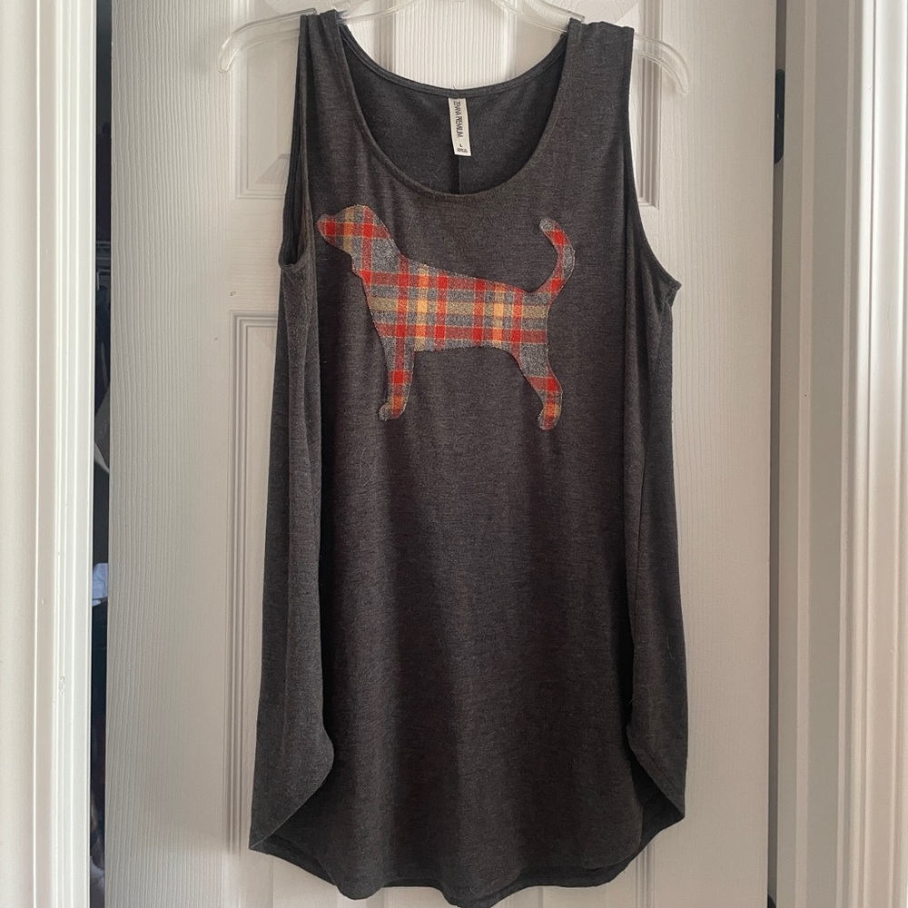 Gray Tank Top with Plaid Dog Design